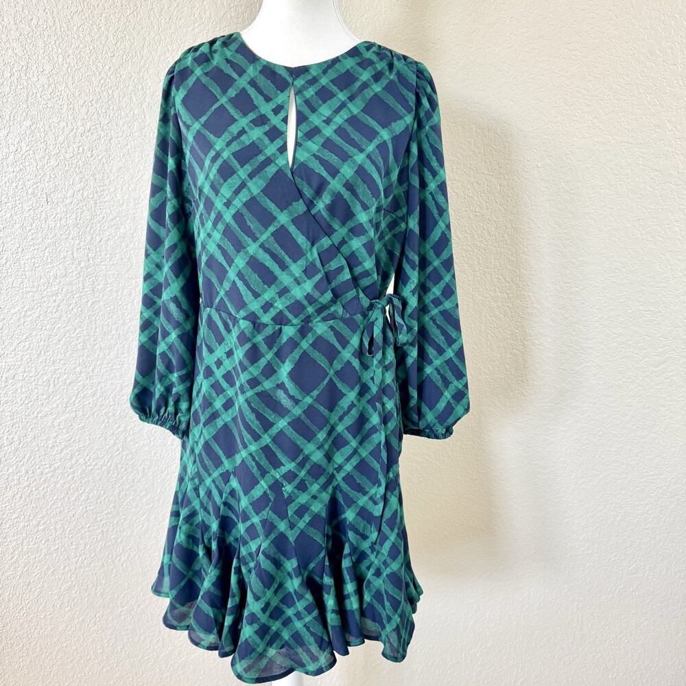 NWT LOFT Size 6 Navy Blue Green Plaid Wrap Dress Ruffle Hem Keyhole Tie Waist